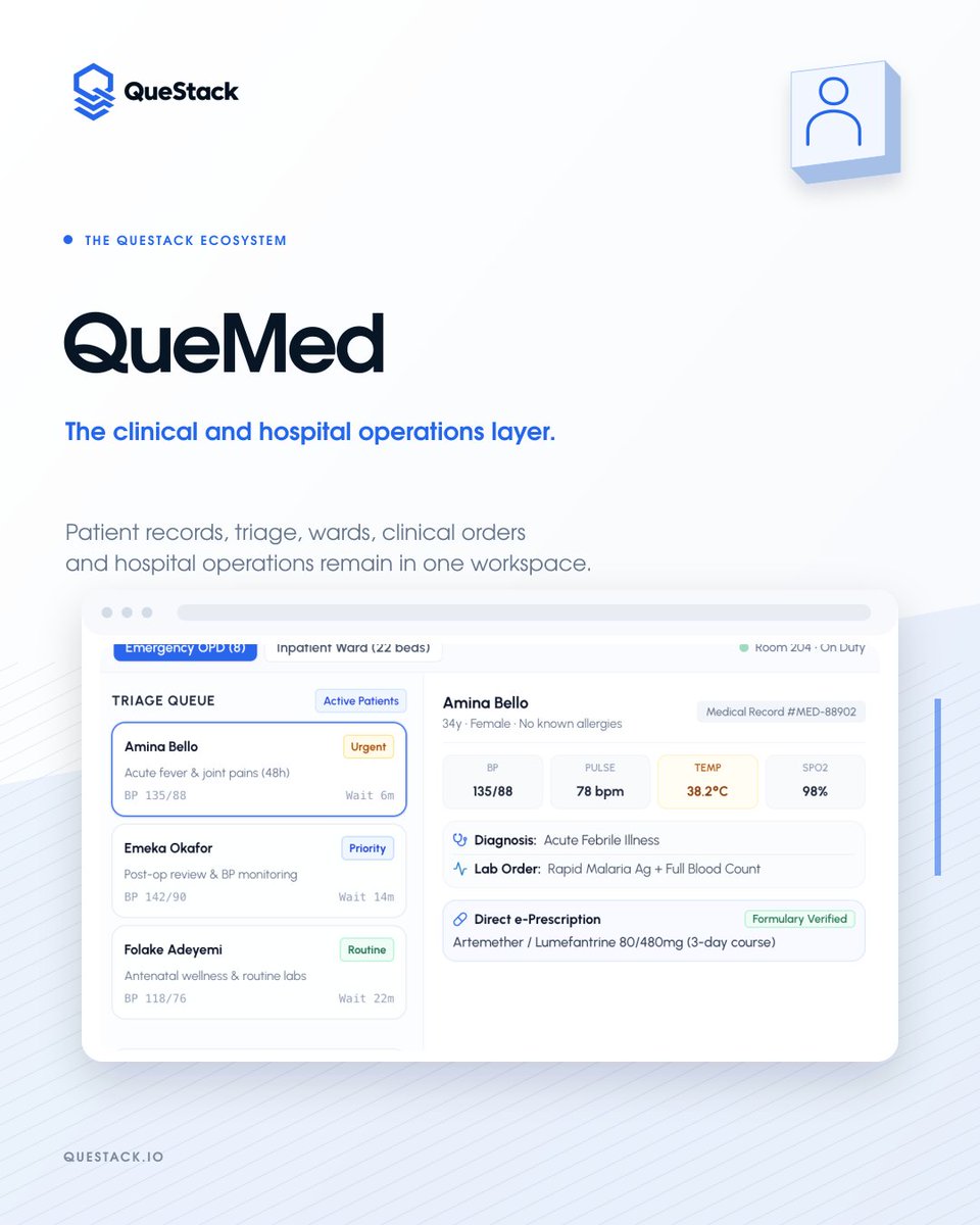 questackio's tweet photo. QueMed

The clinical and hospital operations layer.  Patient records, triage, wards, clinical orders and hospital operations come together in one workspace.  

The goal is simple: give healthcare teams the information they need, where care is actually happening. #QueMed #EMR #EHR https://t.co/XKUHKBI6Nt