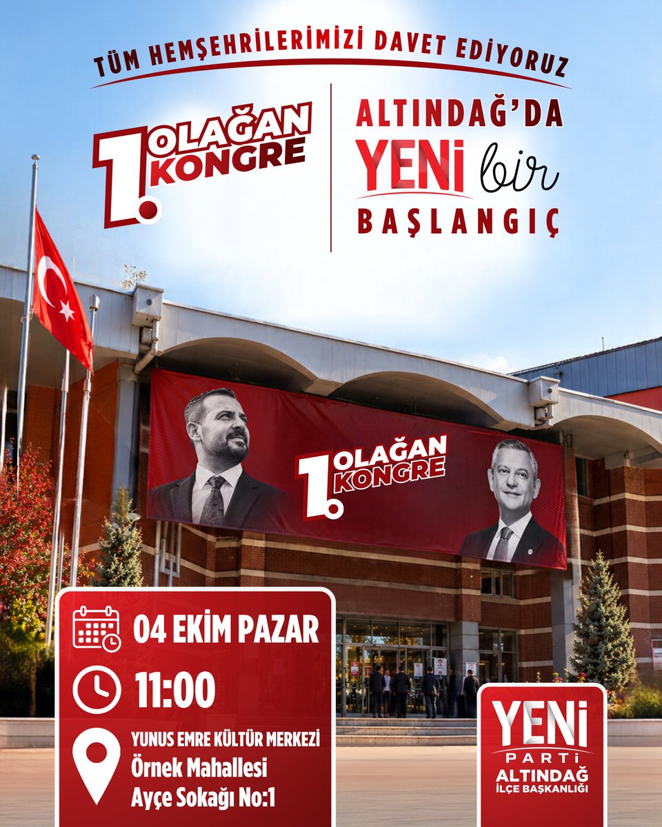 YepAltindag's tweet photo. Birlikte başladık, birlikte büyüdük.
Şimdi Altındağ için umutlarımızı büyütme zamanı.

📅 4 Ekim Pazar | 11.00
📍 Yunus Emre Kültür Merkezi
Örnek Mahallesi, Ayçe Sokak No: 1 – Altındağ / Ankara

Yeni bir dönemin ilk adımını hep birlikte atıyoruz.
1. Olağan Kongremizde buluşuyoruz

Umudumuz ortak, yolumuz açık.