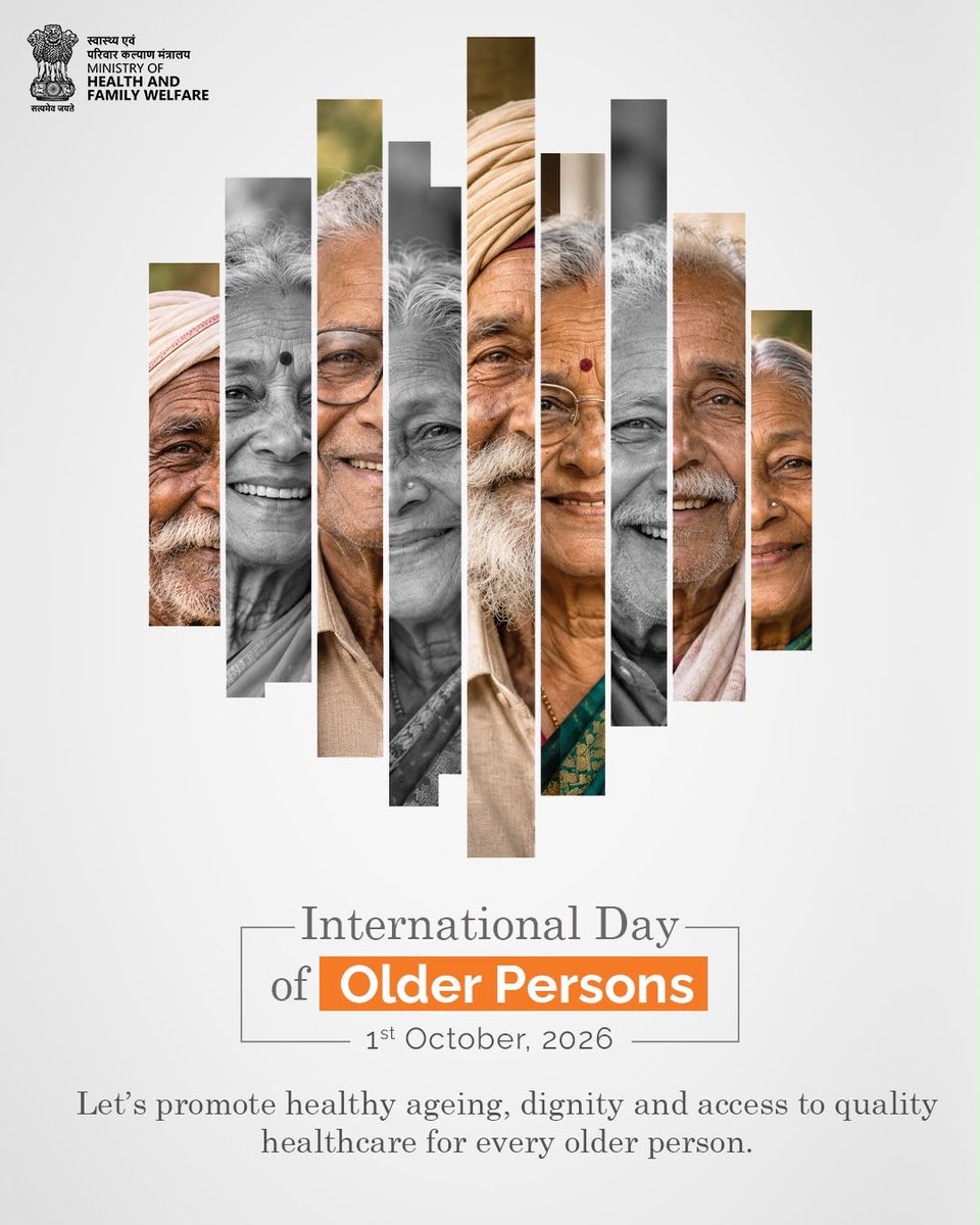 MoHFW_INDIA's tweet photo. Celebrating Healthy Ageing with Dignity

On the International Day of Older Persons, let us reaffirm our commitment to ensuring that every older person can age with dignity, respect and access to quality healthcare.

Together, we can build a healthier and more inclusive society for our senior citizens.

#InternationalDayOfOlderPersons #HealthyAgeing #HealthForAll