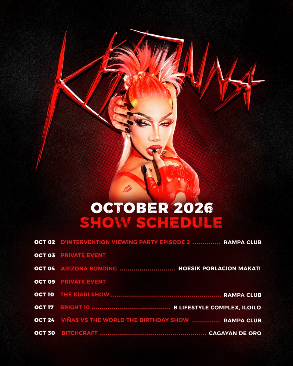 TeamKhianna's tweet photo. @KhiannaWithAK’s October schedule is here!

Busy, booked, and everywhere. See you at the shows, mga gaez!⚡️ https://t.co/9a4ZBqaH9e