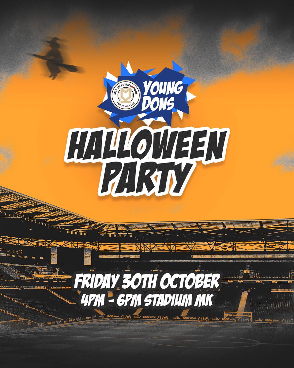 DestinationMK's tweet photo. Young Dons Halloween Party – and Young Dons members go free! 😱

The spook-tastic party will take place @MKDonsFC Club Red Lounge on 30 October 👻

⚽️Player meet &amp; greets
🎶Music &amp; interactive games 
🤩Prizes, certificates and sweets

More info &amp; tickets: https://t.co/JHhE4tntzt https://t.co/avVBvjr8fB