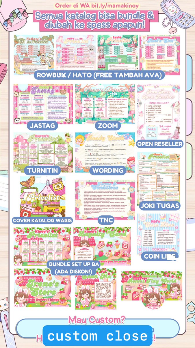 kinoy_the_cat's tweet photo. ⭐️ help RT yaa, thanks~

here’s my 2 NEW CATALOGS for edit PL / Pricelist 𐔌՞ ܸ.ˬ.ܸ՞𐦯 maaf klo warnanya biru &amp; baby pink terus sebab klo baby soso mah anaknya alyssa daguise 👶🏻  —— 💰18K

• avail for all spess (r0bux, hato, dll) 
• bisa ubah ke QR deco, opress, dll

#zonauang https://t.co/HMslSoE2Io