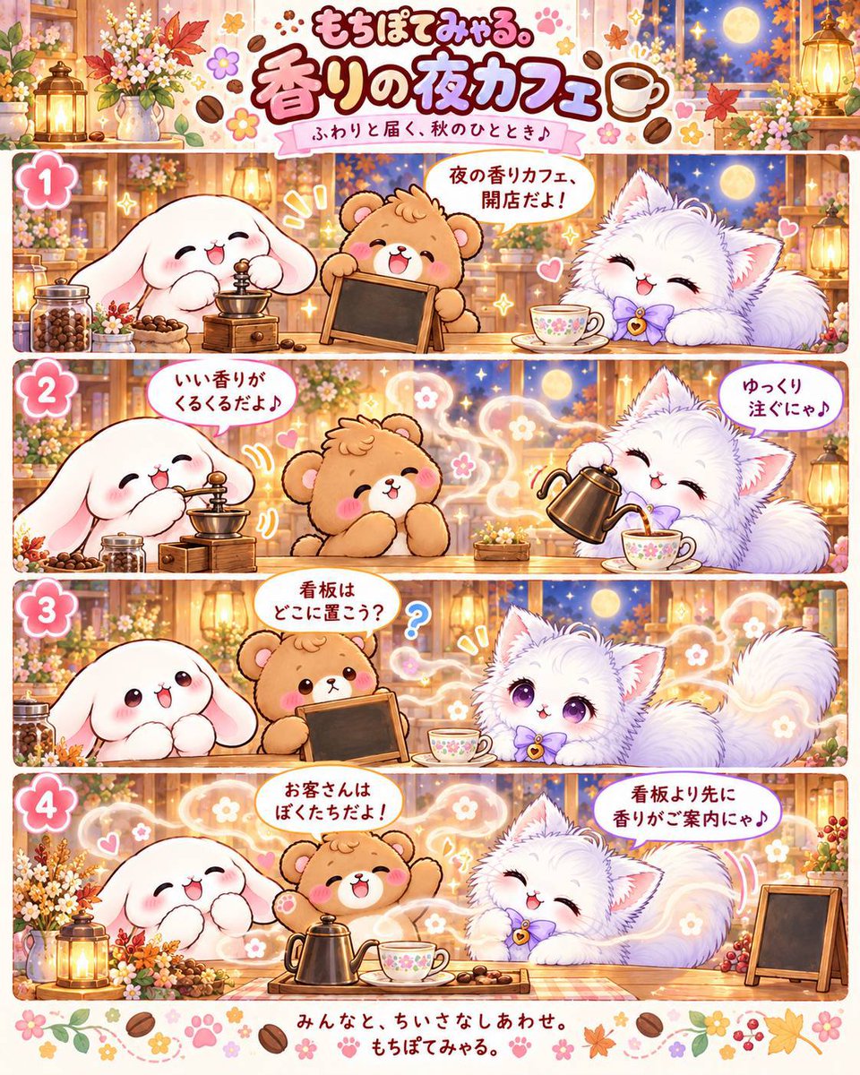 mochipotemyaru's tweet photo. もちぽてみゃる
香りの夜カフェ
月明かりの小さなカフェに、ふわりと届くいい香り。 「看板はどこに置こう？」 みゃるんのしっぽのそばで、香りがそっと動きだします…♡
#国際コーヒーデー #夜カフェ #もちぽてみゃる #4コマ #癒し https://t.co/PdsmREhVxj