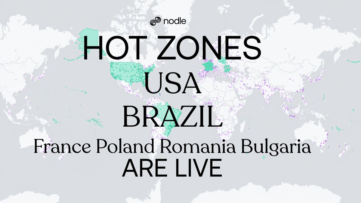 NodleNetwork's tweet photo. 🔥 Hot Zones are LIVE!

Earn 10x $NODL rewards in 🇺🇸 USA, 🇧🇷 Brazil, 🇫🇷 France, 🇵🇱 Poland, 🇧🇬 Bulgaria & 🇷🇴 Romania.

Update the Nodle App, invite your friends and help grow the network.

Explore: https://t.co/fwaIySQr4a