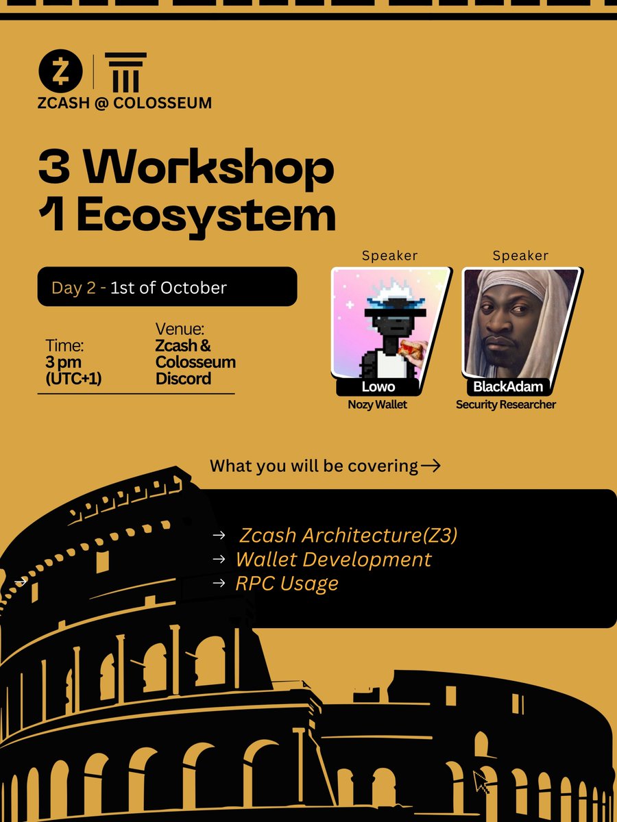 thedrekal's tweet photo. Welcome to Zectober!
@Zcash @ @colosseum : Day 2 is Happening Today!   

We’re diving into Day 2 of the Workshops series! 
If you're building or looking to build on Zcash, this is a technical session you don't want to miss.   

📅 Date: Today, 1st of October   

🕒 Time: 3:00 PM (UTC+1)   

(NOTE THE TIME CHANGE!!!)

📍 Venue: Zcash & Colosseum Discord   

Speakers 
@i_hizick – Zcash Architecture; Zebra and Zallet RPC and usage.
@LadaleLowo – Wallet Development

🛠️ What We’re Covering:Zcash Architecture (Z3)   Wallet Development   RPC Usage   Bring your questions and your dev setup. See you in the stage channels! 🛡️⚡
