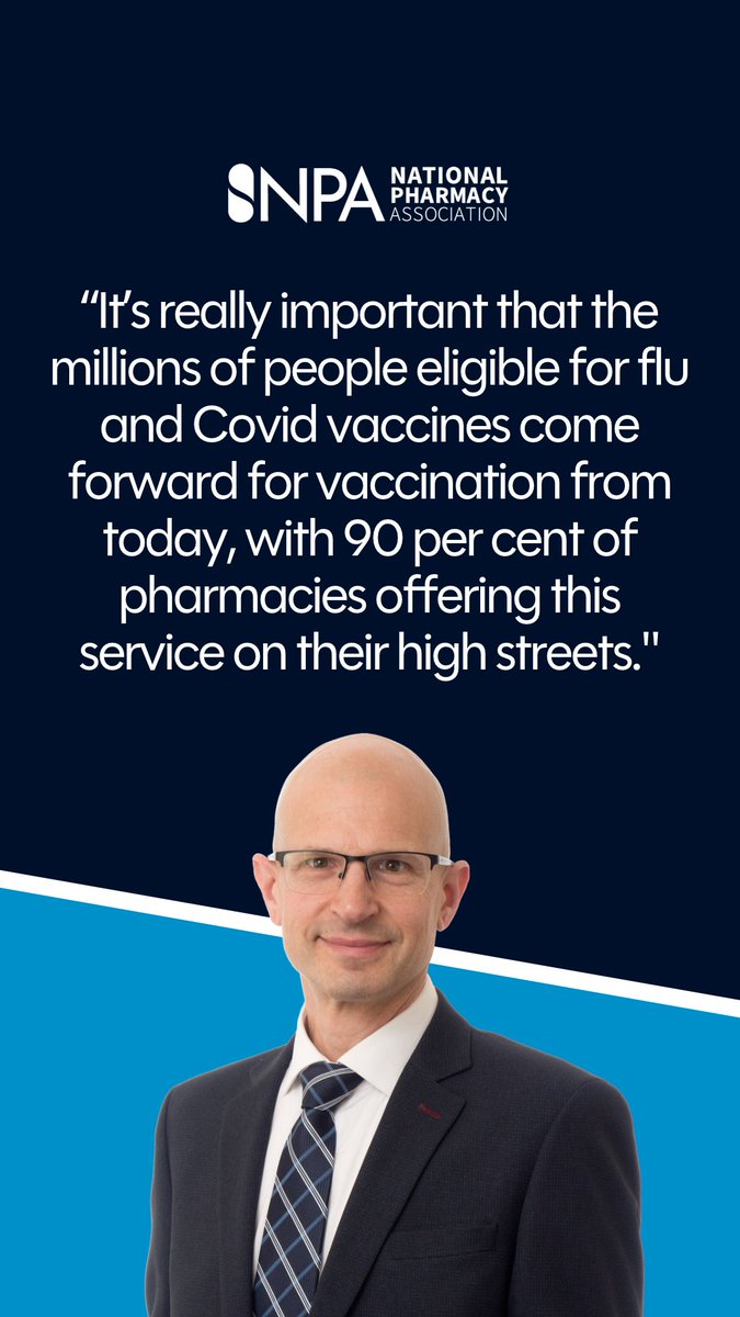 NPA1921's tweet photo. Launch of autumn vaccine campaign for flu and Covid from today.

Pharmacy leaders are urging patients to come forward and book their vaccinations to help protect them against potentially serious winter illnesses.

@OlivierPicardUK @CCApharmacy @ComPharmEngland

🔗https://t.co/0YhMUrAaJh