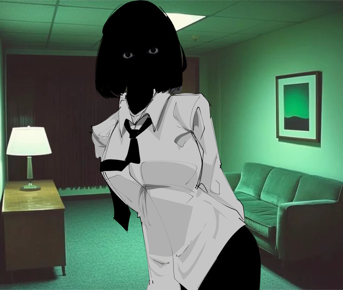 MaterTenebra's tweet photo. " Bloodshed? There's no need for that, i can leave it inside just fine "

-She 'smiles' with her eyes, before walking off to the side, there's a small room there with a television that is silently transmitting static, and further ahead another small room, too dark to see through. https://t.co/W61Kwr3vXP