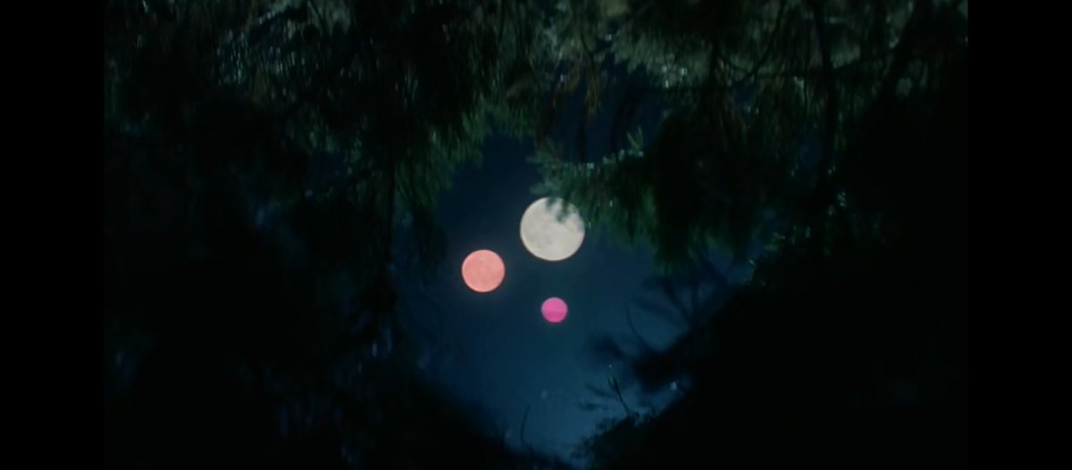 A nighttime view through silhouetted tree branches of three glowing orbs in the sky: a large white moon, a smaller reddish moon, and a small pink moon.