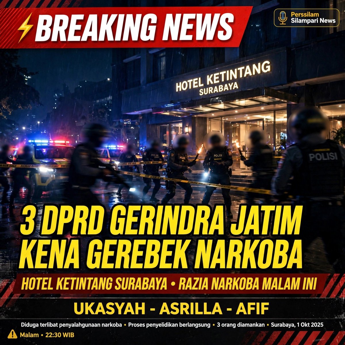 perssilam2022's tweet photo. 3 Anggota DPRD Fraksi Gerindra Jatim - Ukasyah (Malang), Asrilla (Banyuwangi), Afif (Situbondo) digerebek pesta narkoba di hotel Ketintang Surabaya, 28 Sept 2026 dini hari.

8 orang diamankan, BB sisa sabu &amp; 2 ekstasi. Proses restorative justice, rehab BNN.

#DPRDJatim #Gerindra https://t.co/c9KRYmukGH