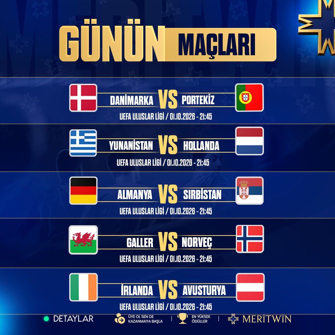 meritwinsosyal's tweet photo. ⚽ GÜNÜN MAÇLARI | 1 EKİM

🇩🇰 Danimarka 🆚 Portekiz 🇵🇹
🇬🇷 Yunanistan 🆚 Hollanda 🇳🇱
🇩🇪 Almanya 🆚 Sırbistan 🇷🇸
🏴󠁧󠁢󠁷󠁬󠁳󠁿 Galler 🆚 Norveç 🇳🇴
🇮🇪 İrlanda 🆚 Avusturya 🇦🇹
⏰ Tüm maçlar 21:45

📲 Telegram: https://t.co/maeCpi4vRD
📺 Canlı Yayın: https://t.co/yvZugn7yql
🔗 Güncel Adres: https://t.co/l9PRzdGtbW

🔥 Maçları kaçırma, heyecanı canlı yaşa!