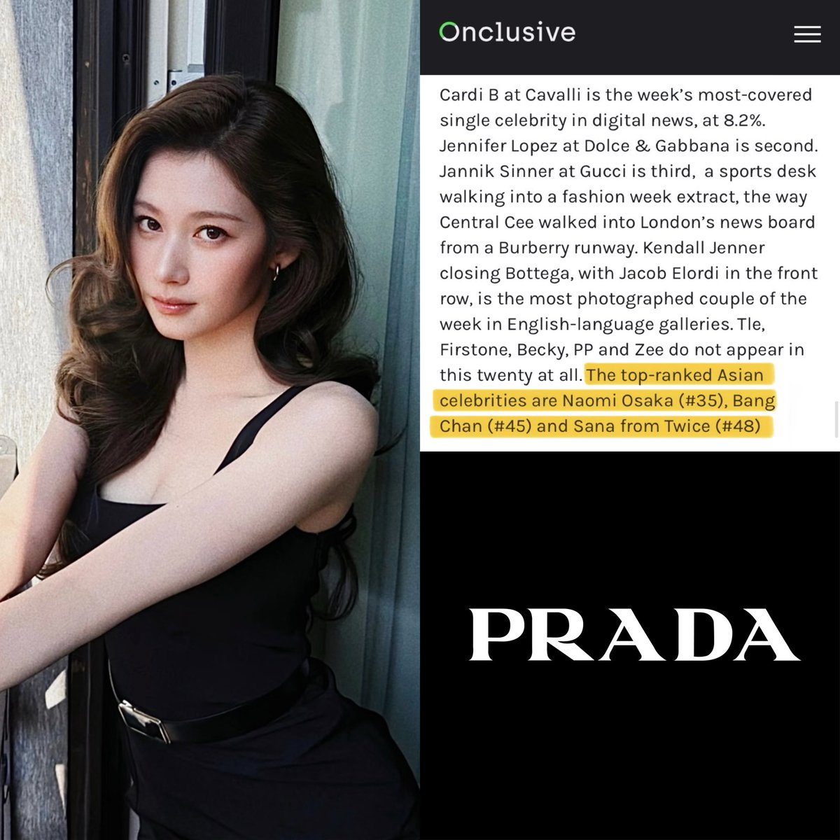 herefor_sana's tweet photo. #SANA IS ONE OF ONLY TWO K-POP STARS TO MAKE THE DIGITAL NEWS SOV RANKINGS AT #MFW ✨

> According to Onclusive, while “Social volume” is generated by fandoms and hashtags, “News volume” is driven by industry experts (editors, journalists &amp; photographers) ! 👏

#PRADASS27xSANA https://t.co/paHnqx2NSS