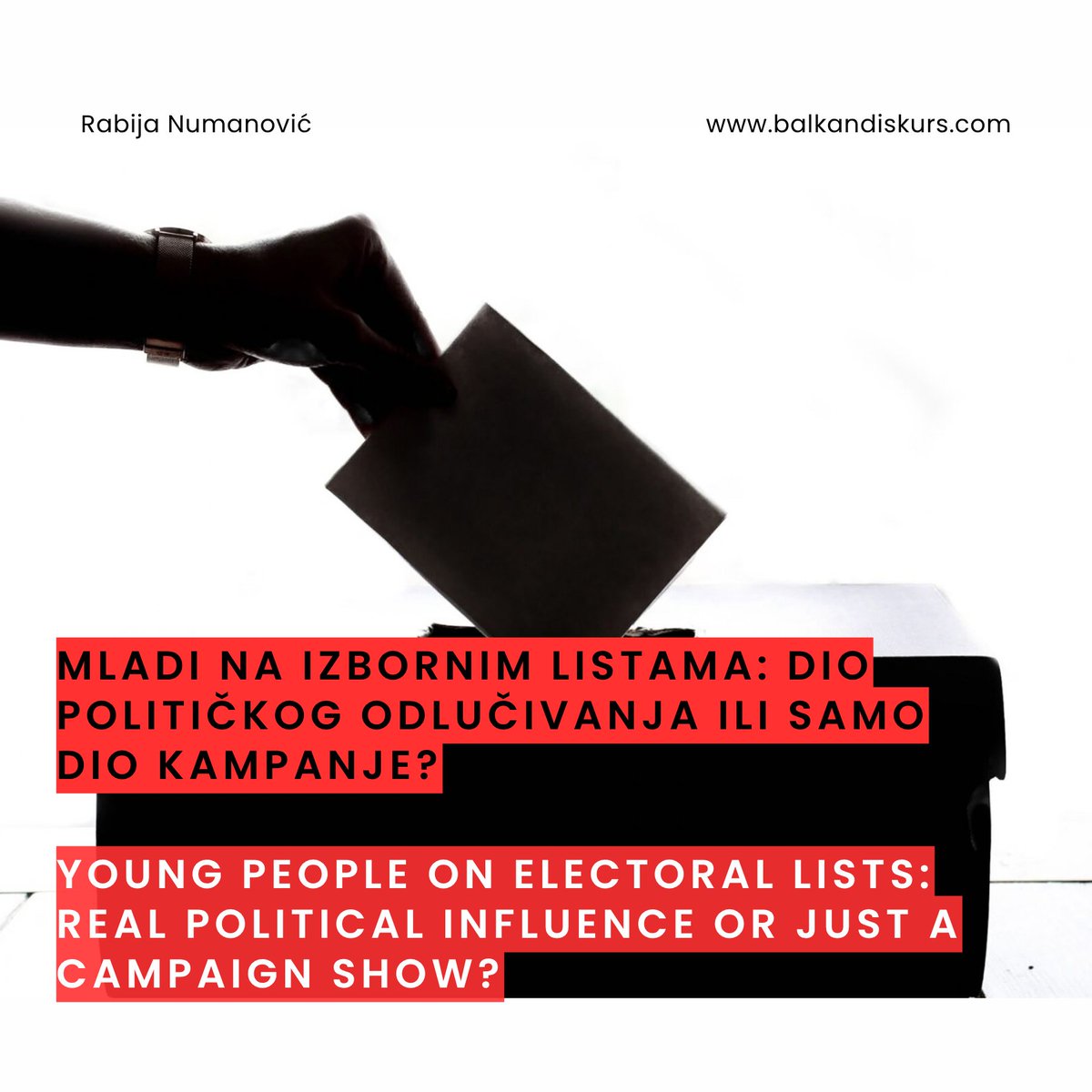 PCRCBiH's tweet photo. Mladi se često zovu budućnošću društva. Ali jesu li i dio njegove sadašnjosti?🗳️

Uoči izbora 4. oktobra pitamo: da li mladi na kandidatskim listama učestvuju u kreiranju politika ili su samo dio predizborne kampanje?

Pročitajte više👇
https://t.co/yUPiwl3mu6
-----
Young people are often called the future of society. But are they also part of its present?🗳️

Ahead of the October 4 elections, we ask: do young candidates on the ballot help shape policy, or are they just part of the campaign picture?

Read more 👇
https://t.co/lgWEX9RYJC

✍️Rabija Numanović
#BalkanDiskurs #BDYouth #izboriuBiH #Elections2026
