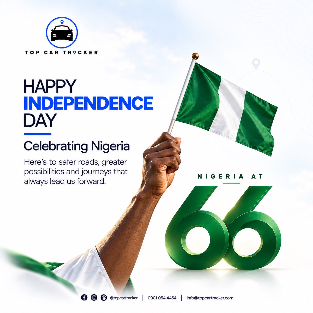 Topcartracker's tweet photo. Happy Independence Nigeria💚
Here’s to another opportunity to make smarter choices about the things that matter to you with TOP CAR TRACKER &amp; RECOVERY SOLUTIONS.
#independentday 
#happynewmonth https://t.co/Fm6FWGNZTI