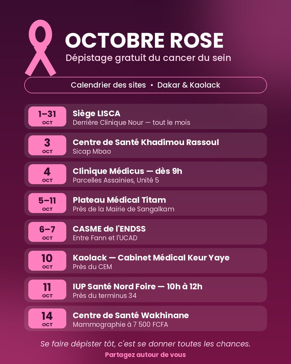 kaddu_senegal's tweet photo. 🎀 #OctobreRose commence aujourd'hui ! Dépistage GRATUIT du cancer du sein à Dakar et Kaolack ! Repérez le site le plus proche de chez vous et partagez à toutes les femmes de votre entourage 💗 https://t.co/OzWPZw7CC1