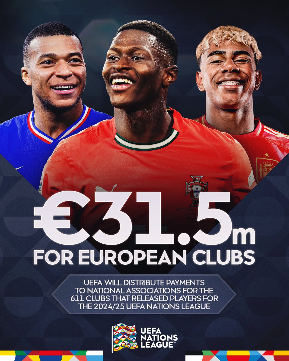 UEFA's tweet photo. ⚽ Supporting the clubs behind national team football.

💰€31.5m will be distributed via our national associations to 611 clubs through the UEFA Club Benefits Programme.

🤝 The payments recognise clubs’ role in developing and releasing players for the 2024/25 #NationsLeague.

👉 Learn more: https://t.co/b20sJYMtrU