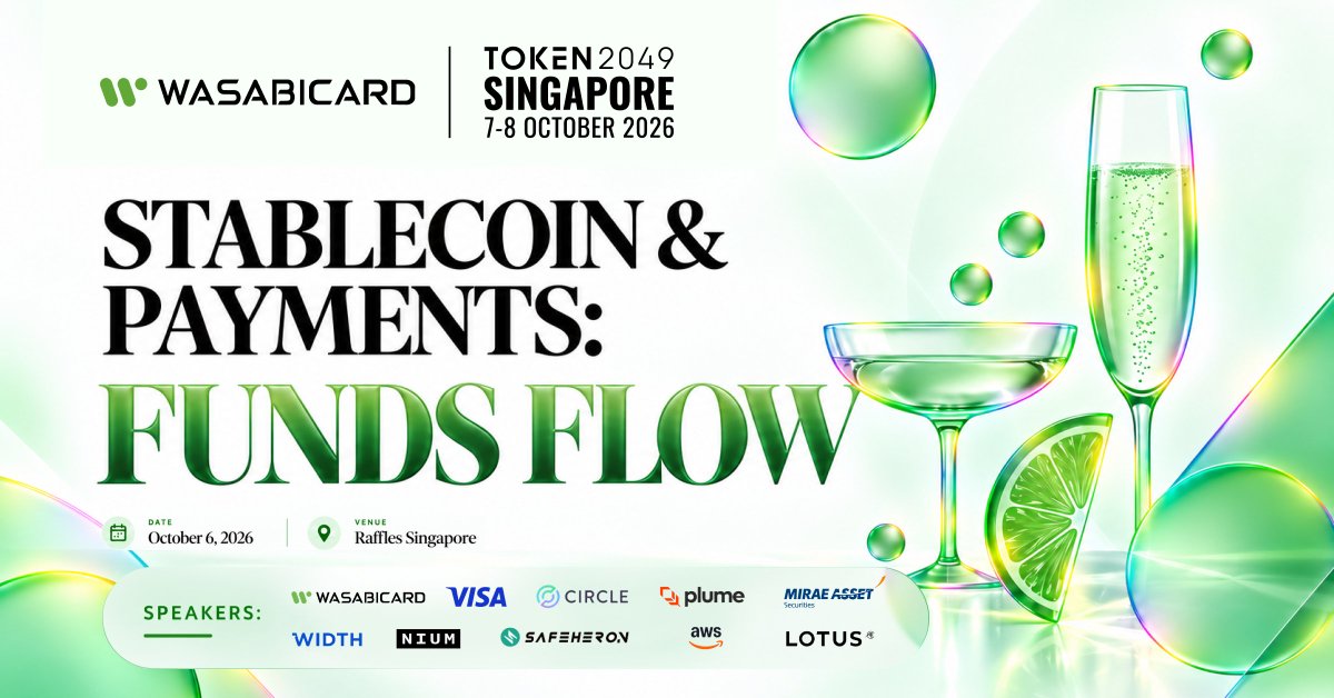 wasabicard's tweet photo. Singapore, we’re bringing the conversation to Raffles. 🥂

WasabiCard is hosting Stablecoin & Payments: Funds Flow, a side event during @token2049  week, on October 6.

We’re excited to introduce our confirmed speakers:

• Komil Desai, US Head of Crypto Partnerships, @Visa 
• Vidit Agrawal, VP, Partnerships & BD, APAC, @circle 
• Ray Yang, CEO, @wasabicard 
• Yogesh Sangle, EVP APAC, @NiumGlobal 
• Daxue Wang, CFO, Lotus Tech
• Shukyee Ma, CSO, @plumenetwork 
• Kelly Sohn, Head of Digital Asset Strategy, Mirae Asset (HK)
• Chye Kit, Co-Founder & CEO, @WidthGRC 
• Yifan Zhang, General Manager Southeast Asia, @Safeheron 

As businesses expand across borders, the way funds move needs to keep pace. 

Together with our speakers, we’ll explore the role stablecoins can play in global commerce and how we can work together to move the industry forward.

Join us in Singapore to exchange ideas, meet the people behind these changes, and be part of what comes next.

🔗 Request your invitation: 
https://t.co/PGt4Bsv4NV