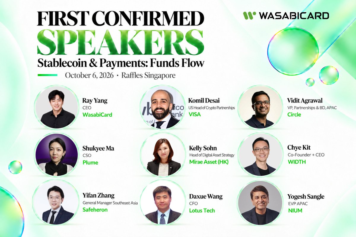 wasabicard's tweet photo. Singapore, we’re bringing the conversation to Raffles. 🥂

WasabiCard is hosting Stablecoin & Payments: Funds Flow, a side event during @token2049  week, on October 6.

We’re excited to introduce our confirmed speakers:

• Komil Desai, US Head of Crypto Partnerships, @Visa 
• Vidit Agrawal, VP, Partnerships & BD, APAC, @circle 
• Ray Yang, CEO, @wasabicard 
• Yogesh Sangle, EVP APAC, @NiumGlobal 
• Daxue Wang, CFO, Lotus Tech
• Shukyee Ma, CSO, @plumenetwork 
• Kelly Sohn, Head of Digital Asset Strategy, Mirae Asset (HK)
• Chye Kit, Co-Founder & CEO, @WidthGRC 
• Yifan Zhang, General Manager Southeast Asia, @Safeheron 

As businesses expand across borders, the way funds move needs to keep pace. 

Together with our speakers, we’ll explore the role stablecoins can play in global commerce and how we can work together to move the industry forward.

Join us in Singapore to exchange ideas, meet the people behind these changes, and be part of what comes next.

🔗 Request your invitation: 
https://t.co/PGt4Bsv4NV