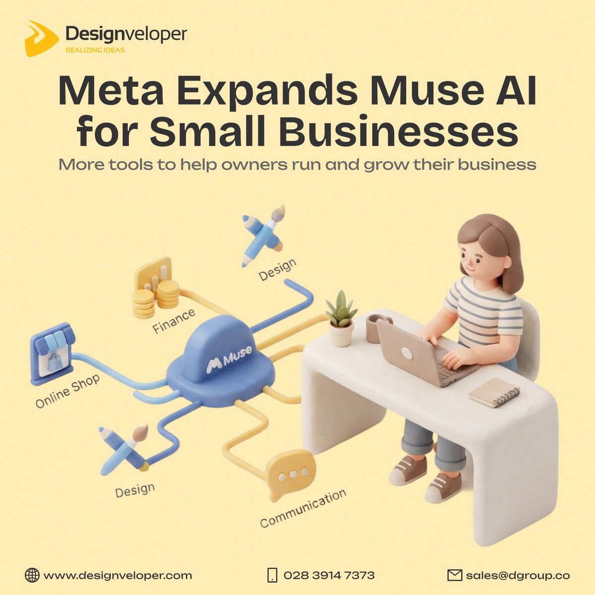Designveloper's tweet photo. Could an AI agent help you find new customers without adding another monthly subscription?

Meta is expanding Muse to small businesses, aiming to help owners manage operations and reach new customers. The company says most uses will be free, with paid plans for additional features.

Muse connects with Shopify, QuickBooks, Stripe, Canva, and Meta business accounts. According to Meta, these integrations let it work with storefront, financial, and customer data.

Users still control important actions: Muse will not publish content, send messages, or make purchases without approval.

For small businesses, free access could make Muse worth exploring. The real test is whether it saves time and supports growth.

#MetaMuse #HappyNewMonth
