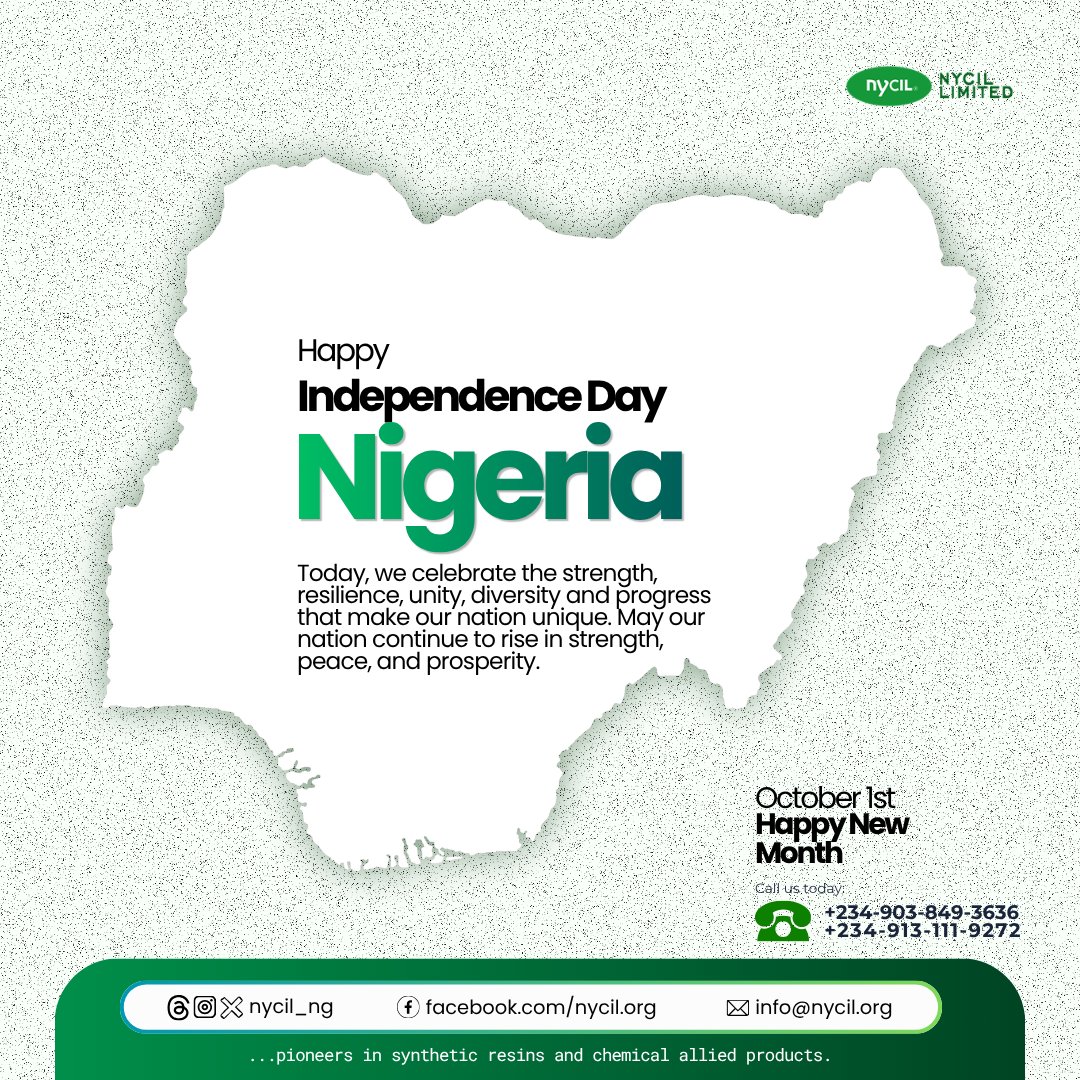 Nycil_NG's tweet photo. Happy Independence Day, Nigeria 🇳🇬✨

Celebrating strength, unity, and progress.
May our nation continue to shine with peace and prosperity.

#NigeriaAt66 #IndependenceDay #UnityInDiversity #PeaceAndProgress #nycil https://t.co/XTcC9bQtCR