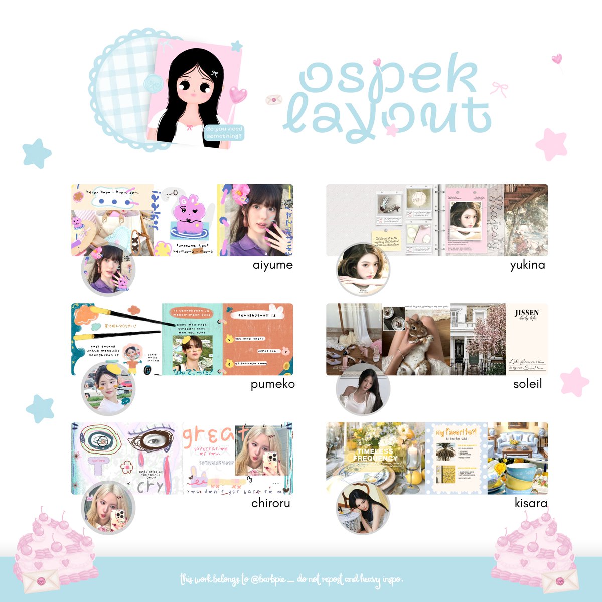 barbpie's tweet photo. help repost thank you! 🥺🥢

hai semuanyaa, kenalan yuk sama 12 anak baruku yang akan masuk di catalogue aku nantinya >____O ada fav kalian tidak? jangan lupa sayangi 12 layoutku yaa 🥺🤍

ps. kalo ada kemiripan dengan ba lain let me know yaa ((dm ak saja, oki??)) 
#zonauangㅤ https://t.co/LKDb93zx04