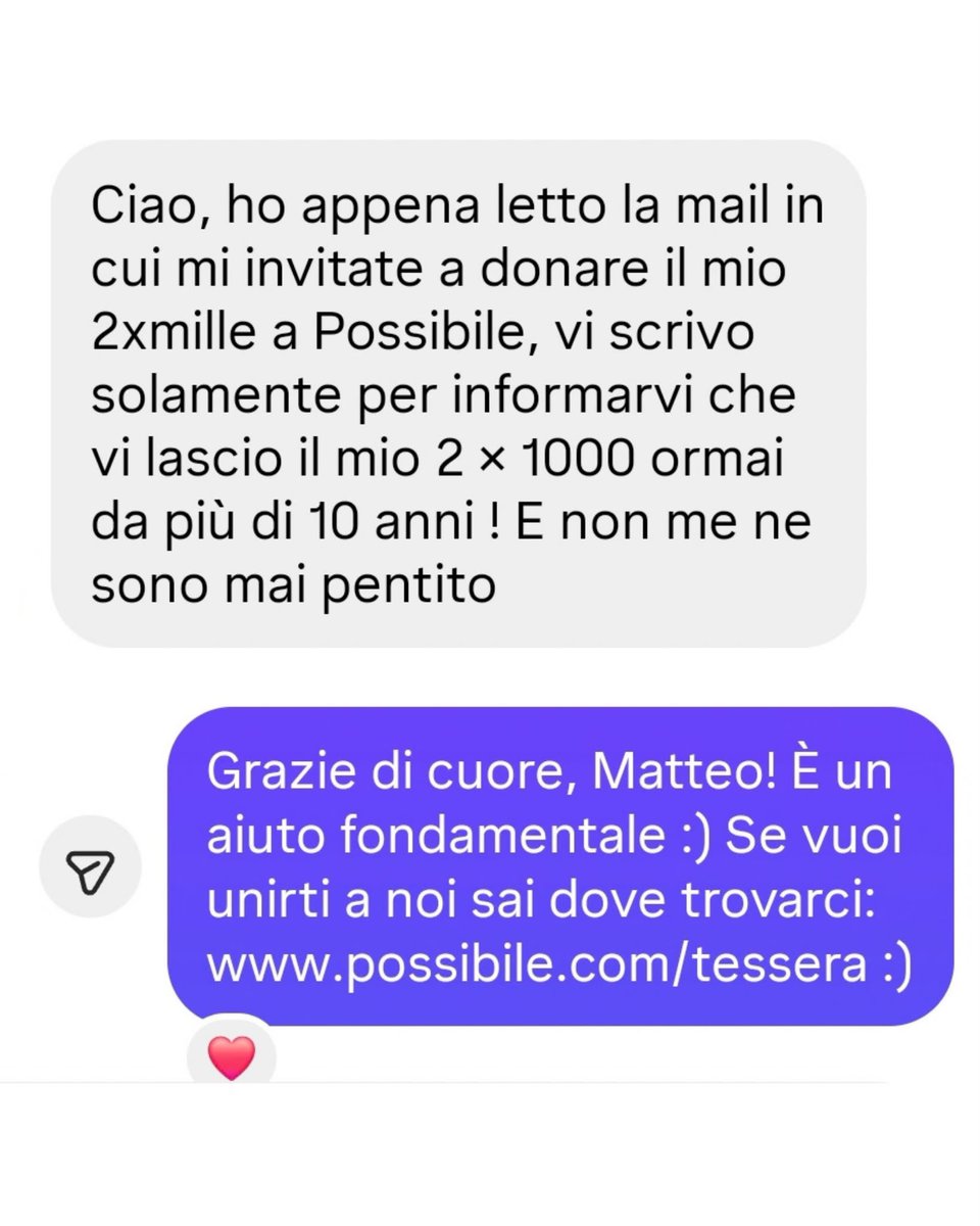 PossibileIt's tweet photo. Messaggi bellissimi ❤️

Vogliamo prenderci un attimo per ringraziare le tantissime persone che quest’anno hanno scelto di sostenere le nostre battaglie scrivendo il codice #S36 nel #2x1000. 

Senza di voi non ci saremmo! https://t.co/S0DJW8kihx