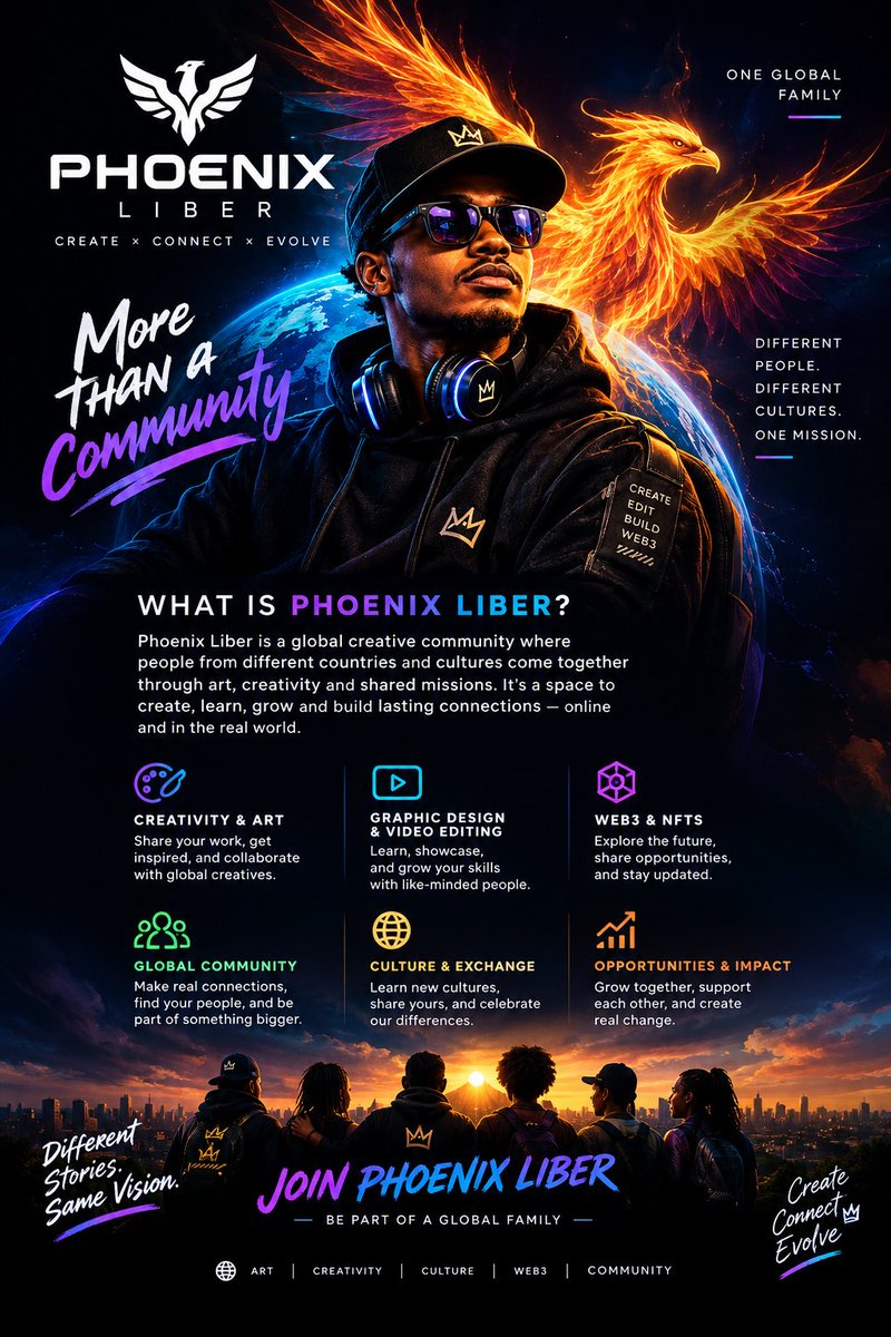 Mastersefad's tweet photo. PHOENIX LIBER  MORE THAN A COMMUNITY.

Different stories. Different cultures. One global family.

Welcome to Phoenix Liber.
Create × Connect × Evolve. https://t.co/AG3yIp0H5A