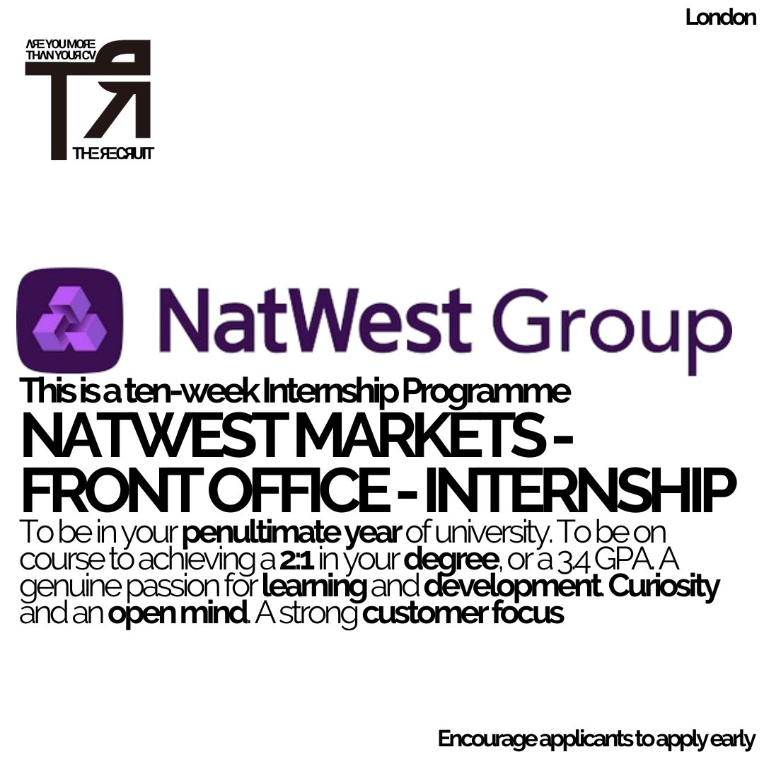 TheR3cruit's tweet photo. 🚨2027 SUMMER INTERNSHIP ALERT🚨
https://t.co/83EuF8MWco
#workexperience #bachelorsdegree #internships #undergraduates #summerinternship #hireblack #underrepresented #diversity #natwest #industryinsight #unistudent #banking #investmentbanking #commodities #globalmarkets https://t.co/eZEr96iIgL