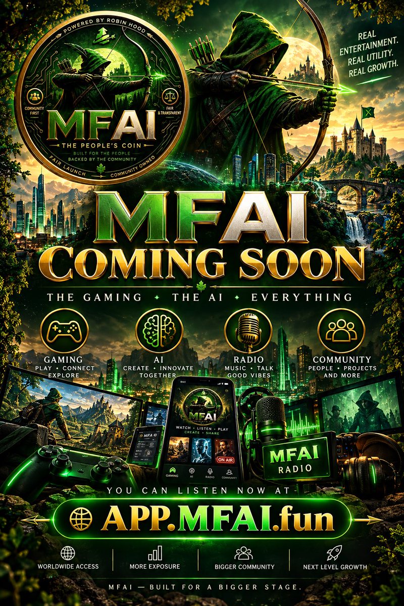 Mfai_fun's tweet photo. 🏹 MFAI IS COMING.

We’re targeting launch within the next 7–10 days, subject to final testing and readiness.

🎮 AI Gaming Launchpad
🤖 AI Creation
📻 MFAI Radio — LIVE NOW
🎬 Music • Film • AI
🌐 One connected MFAI ecosystem

We’re building it properly. Final testing is underway — further launch updates will be announced here.

🎧 LISTEN NOW: https://t.co/uaxRfbtECf
🌐 https://t.co/BkOA4wQAMs

CREATE • LAUNCH • PLAY • LISTEN

MFAI — Built for the people. Built for a bigger stage.

#MFAI #AIGaming #AI #Gaming #RobinhoodChain