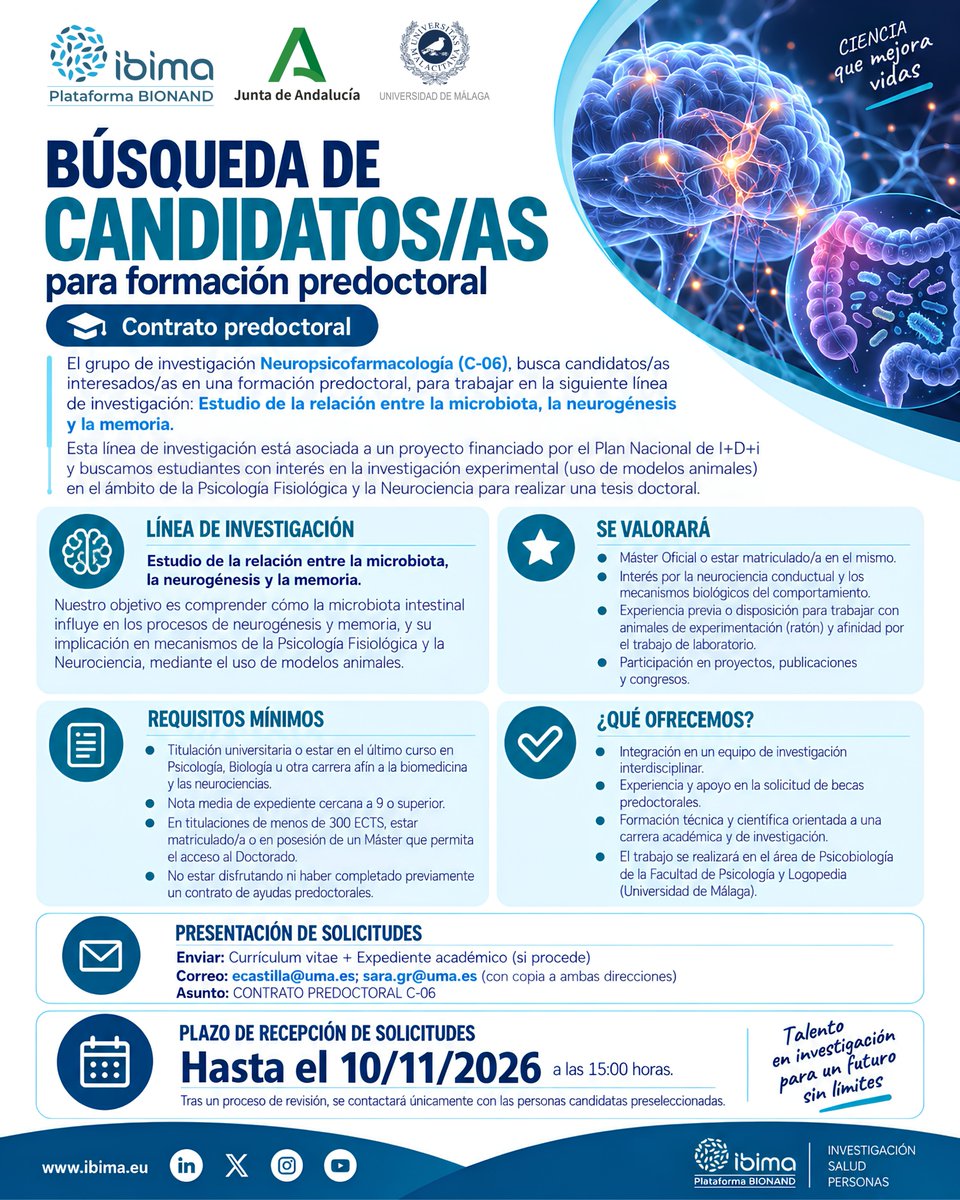 _ibima's tweet photo. 🧠 ¿Buscas hacer tu #TESISDOCTORAL en #Neurociencia?

El grupo C-06 de #IBIMA e @InfoUMA buscan candidatos/as #predoctorales para #investigar la relación entre #Microbiota, #Neurogénesis y #Memoria.

¡Toda la info en la imagen! 👇🔛 https://t.co/yeF4IX6rvl