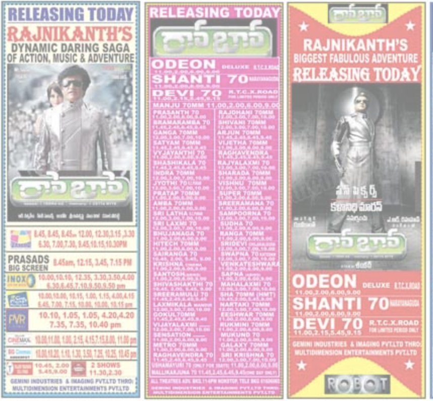 MoviesUpdatez's tweet photo. #16YearsForRobo

Hyderabad, Odeon Deluxe 63 Days Run.

Replaced With #Narnia 

RTC X-Roads Closing Gross 1,12,28,307

@rajinikanth #AishwaryaRai @sunpictures @arrahman @RathnaveluDop 

A Film by @shankarshanmugh #Robo https://t.co/5fF1TRZPR7