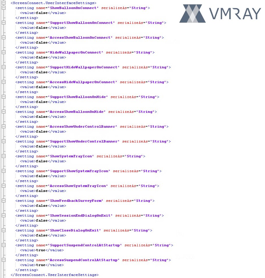 vmray's tweet photo. 🔎  Evolution of a ScreenConnect dropper

🔗  Report: https://t.co/FGgG8NPZnh

We observed a campaign using a VBScript dropper for installing ScreenConnect RMM and notifying the operator via Telegram, therefore abusing two legitimate products as part of their toolchain.

The dropper evolved through several versions within the short timeframe it has been seen. RMM tools have become a staple in modern intrusions and offer a clear advantage compared to traditional RATs: They are considered legitimate and therefore often do not get flagged or blocked by security solutions.

💡  In a nutshell:

- The script drops ScreenConnect 25.3 - a version that was released before ConnectWise removed customization options that were abused by threat actors (e.g. system tray hiding) and for which the certificate has been revoked ScreenConnect is configured to show as little usage indicators to the user as possible
- VBScript dropper (internal names: “facrt.vbs” / “Install-ScreenConnect-2Click.vbs”) downloads ScreenConnect installer from attacker-controlled ScreenConnect server tinnypilar[.]com
- Filenames indicate lures for software like Docusign, Calendly, Bullpen CLI, or Helium browser
- Dropper evolved from first sightings in August, to recent iterations (v7) in September, five different dropper versions are linked to the same ScreenConnect server
- The earliest version simply downloaded and launched the ScreenConnect installer
- Support for Telegram notifications was added later, operator receives full installation report notification
- Support or multiple downloads methods was added on top of that in the latest observed version (curl, powershell, bitsadmin, msiexec-url)

🗝️  Recommendation:

- Monitor or block Telegram API access (api[.]telegram[.]org) due to Telegram being an increasingly popular C2 channel for malware and phishing

- Monitor or block installation and use of (unauthorized) RMM tools

🧬 IoCs

tinnypilar[.]com Attacker-controlled ScreenConnect server
8556588068:AAFnvSJomtwRJ-pM5X5DnVik3pzJBREWF6Y Telegram bot
-5538422583 Telegram chat ID
a1fb7bef4c37d63c55592afde2df0a0b9fb4b5fbb14f9ef3c8561a701c32d507 Dropper
23b011e021d54b93ef66f42aed1cab7052c65a62107a7884ea7f769d1b93054b Dropper
5992453381ff9728ba41398af3b32509db7ee77acae77e4e62e4cccc8e0ccfc9 Dropper
1a7fd245eddac0ee46b0ba0066ce84249d11a25cf70c459ed5756e0b8979e43b Dropper
c86b9f2041d7e9c9a9bc620271283d4a5e445647310849224f69f6de6c7ac782 Dropper