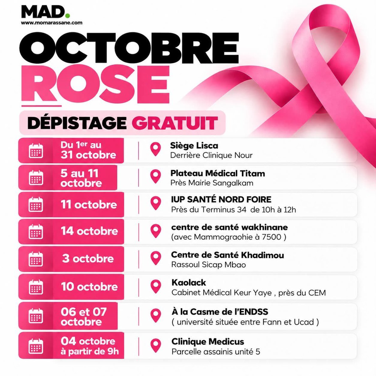 Noo_IDcard's tweet photo. 🎀 OCTOBRE ROSE — DÉPISTAGE GRATUIT

À l’occasion d’Octobre Rose, plusieurs sites proposent des dépistages gratuits durant le mois d’octobre.

📍 Dakar et environs : Siège de la LISCA, Sangalcam, Nord Foire, Wakhinane, Sicap Mbao, ENDS, Parcelles Assainies…
📅 Les dates et horaires varient selon les sites.

👉 Consultez le visuel pour trouver le point de dépistage le plus proche et la date qui vous convient.

🎀 Le dépistage précoce peut permettre une prise en charge plus rapide.