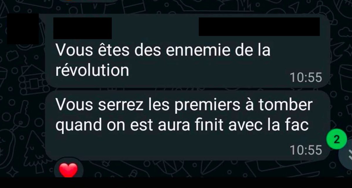 BVoltaire's tweet photo. Exclu BV | Sur une conversation de promo de la Sorbonne, un étudiant menace les opposants au blocage : « vous êtes les ennemis de la révolution, vous serez les premiers à tomber quand on en aura fini avec la fac ». https://t.co/Tmn5GHzZbe