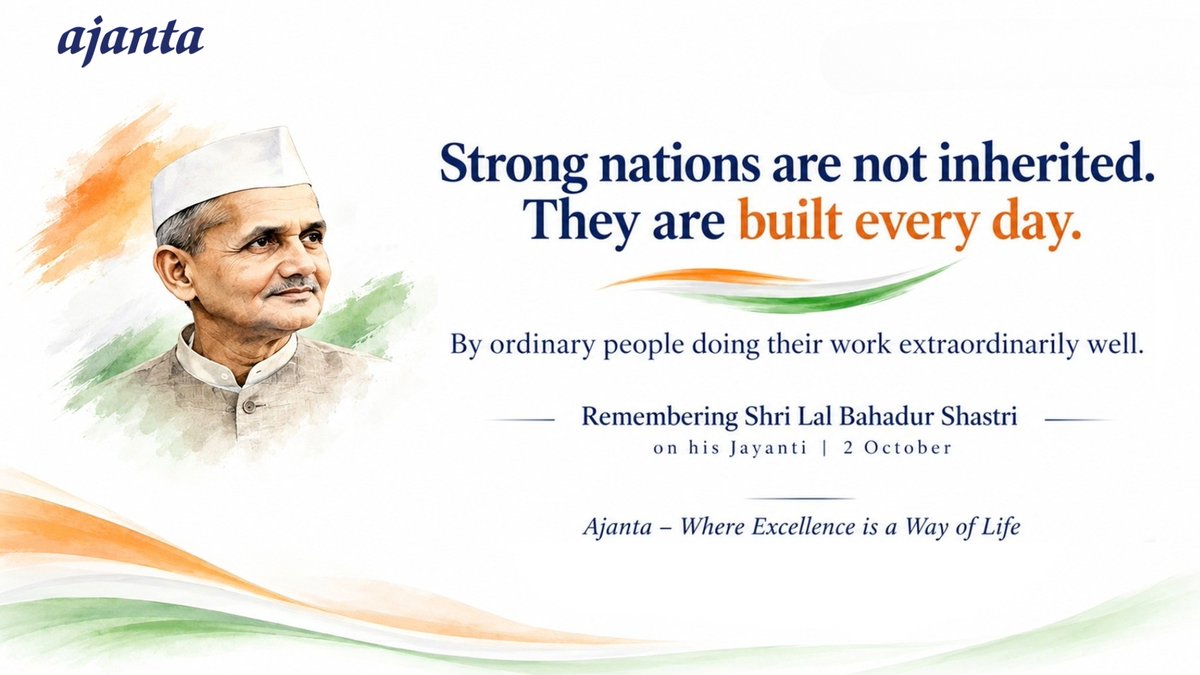AjantaPharmaLtd's tweet photo. A nation moves forward when strong values continue to guide its journey.

As we pay tribute to Mahatma Gandhi and Lal Bahadur Shastri on their birth anniversary, we remember their spirit of service and dedication that continues to inspire generations. Their legacy reminds us that meaningful progress begins with a commitment to people.

At Ajanta, this belief finds purpose in what we do every day as we work towards better healthcare and reaffirm our promise of Good Health for All.