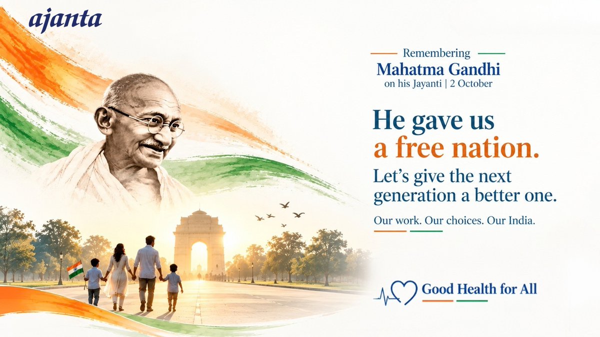 AjantaPharmaLtd's tweet photo. A nation moves forward when strong values continue to guide its journey.

As we pay tribute to Mahatma Gandhi and Lal Bahadur Shastri on their birth anniversary, we remember their spirit of service and dedication that continues to inspire generations. Their legacy reminds us that meaningful progress begins with a commitment to people.

At Ajanta, this belief finds purpose in what we do every day as we work towards better healthcare and reaffirm our promise of Good Health for All.