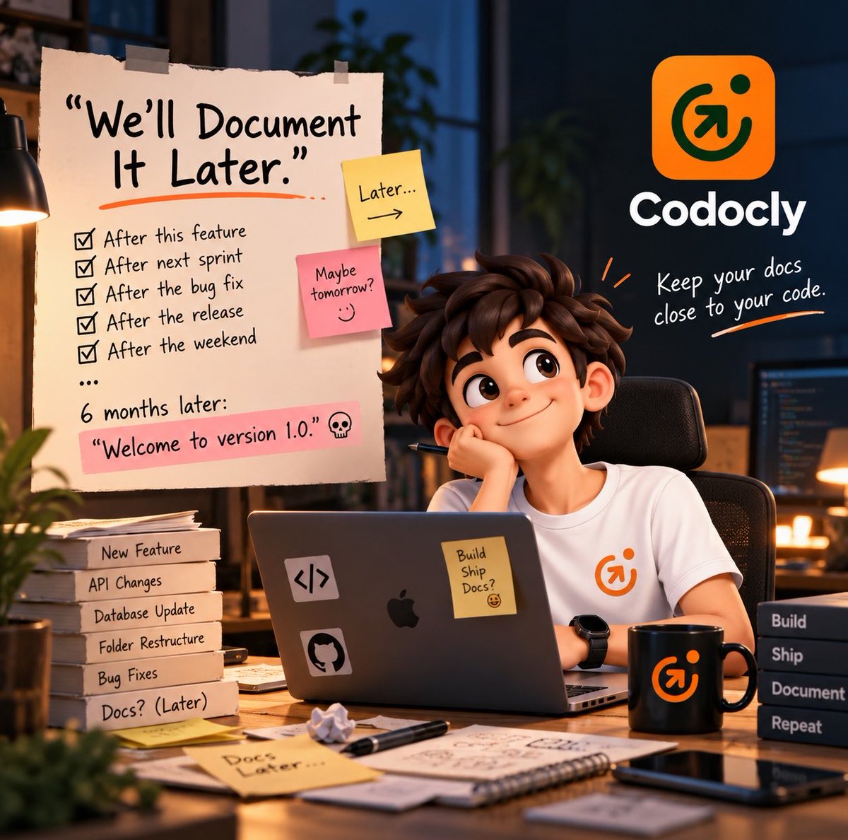 codocly's tweet photo. Day 2 🚀
“We’ll document it later.”
Every developer has said this. 😂
Then the code changes…
The API changes…
The docs stay at v1.0. 💀
That’s why we’re building Codocly.
Code → Docs → Ship.
#BuildInPublic #Codocly #DevTools https://t.co/UVaOJ9gPpD