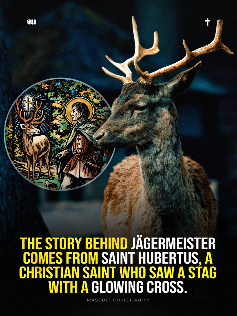 masculchristian's tweet photo. #Jägermeister’s famous stag and cross come from the Christian legend of Saint Hubertus, whose vision led him to devote his life to God and later become the patron saint of hunters. The brand still carries this symbolism today, including a traditional hunting verse that honors the Creator.