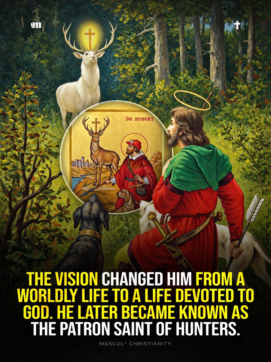 masculchristian's tweet photo. #Jägermeister’s famous stag and cross come from the Christian legend of Saint Hubertus, whose vision led him to devote his life to God and later become the patron saint of hunters. The brand still carries this symbolism today, including a traditional hunting verse that honors the Creator.