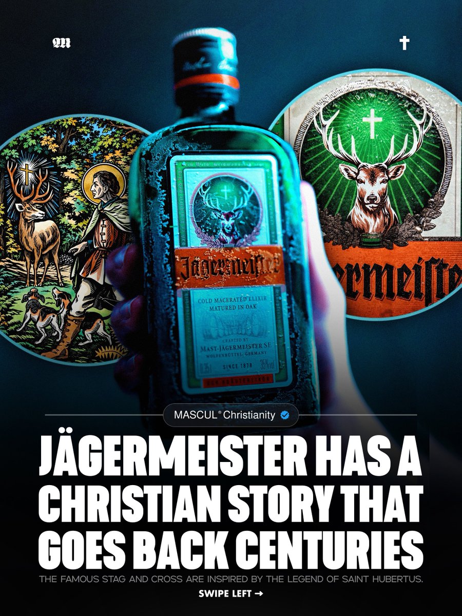 masculchristian's tweet photo. #Jägermeister’s famous stag and cross come from the Christian legend of Saint Hubertus, whose vision led him to devote his life to God and later become the patron saint of hunters. The brand still carries this symbolism today, including a traditional hunting verse that honors the Creator.