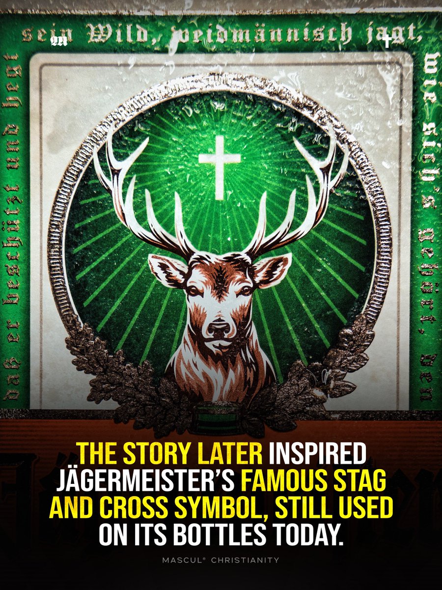 masculchristian's tweet photo. #Jägermeister’s famous stag and cross come from the Christian legend of Saint Hubertus, whose vision led him to devote his life to God and later become the patron saint of hunters. The brand still carries this symbolism today, including a traditional hunting verse that honors the Creator.