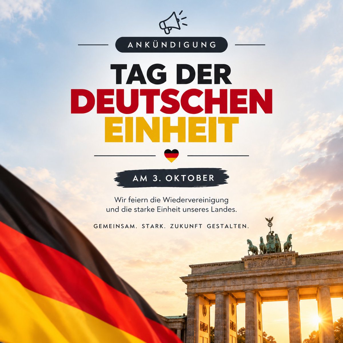 falkenhaus's tweet photo. 🇩🇪 Bald ist es soweit! 🇩🇪

Am 3. Oktober feiern wir den Tag der Deutschen Einheit. 🖤❤️💛

Gemeinsam erinnern wir an die Wiedervereinigung und feiern, was uns verbindet. 🇩🇪

#TagDerDeutschenEinheit #3Oktober #Deutschland #Einheit #Gemeinsam #zukunft https://t.co/jUjNRqIyLW