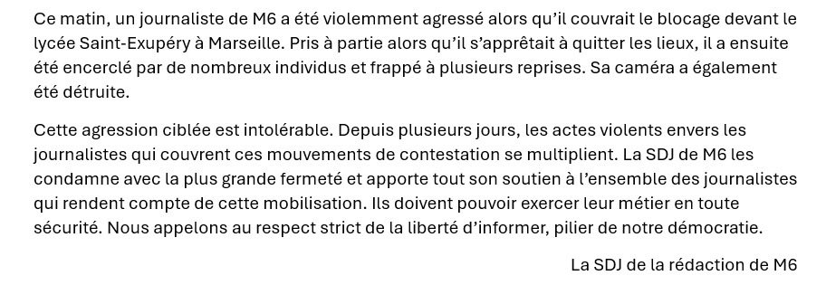 sdj_m6's tweet photo. La SDJ de la rédaction de @m6info condamne fermement l'agression d'un de ses journalistes ce matin à Marseille alors qu'il couvrait le blocage du Lycée Saint-Exupéry. https://t.co/0DvN57LY5o