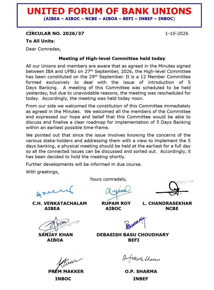 Hellobanker_in's tweet photo. 🚨 Today's Meeting Update

1st meeting of 5-Day Banking Committee was held on 1st October 2026 in online mode. No major discussion held today. It was decided to conduct an offline physical meeting instead of online meetings.

https://t.co/mes0d79ZbQ https://t.co/gVUAaAKFK9
