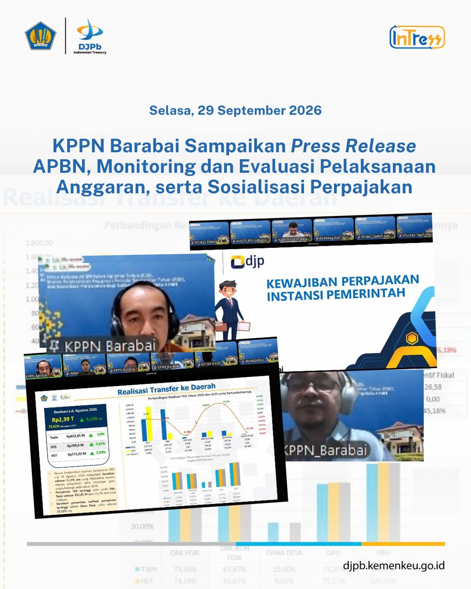 kppnbarabai's tweet photo. Barabai, 29 September 2026 – KPPN Tipe A1 Barabai menyelenggarakan kegiatan rutin bulanan secara daring melalui Zoom Meeting, diikuti para pengelola keuangan satker mitra. https://t.co/PIr8tUWh8q
