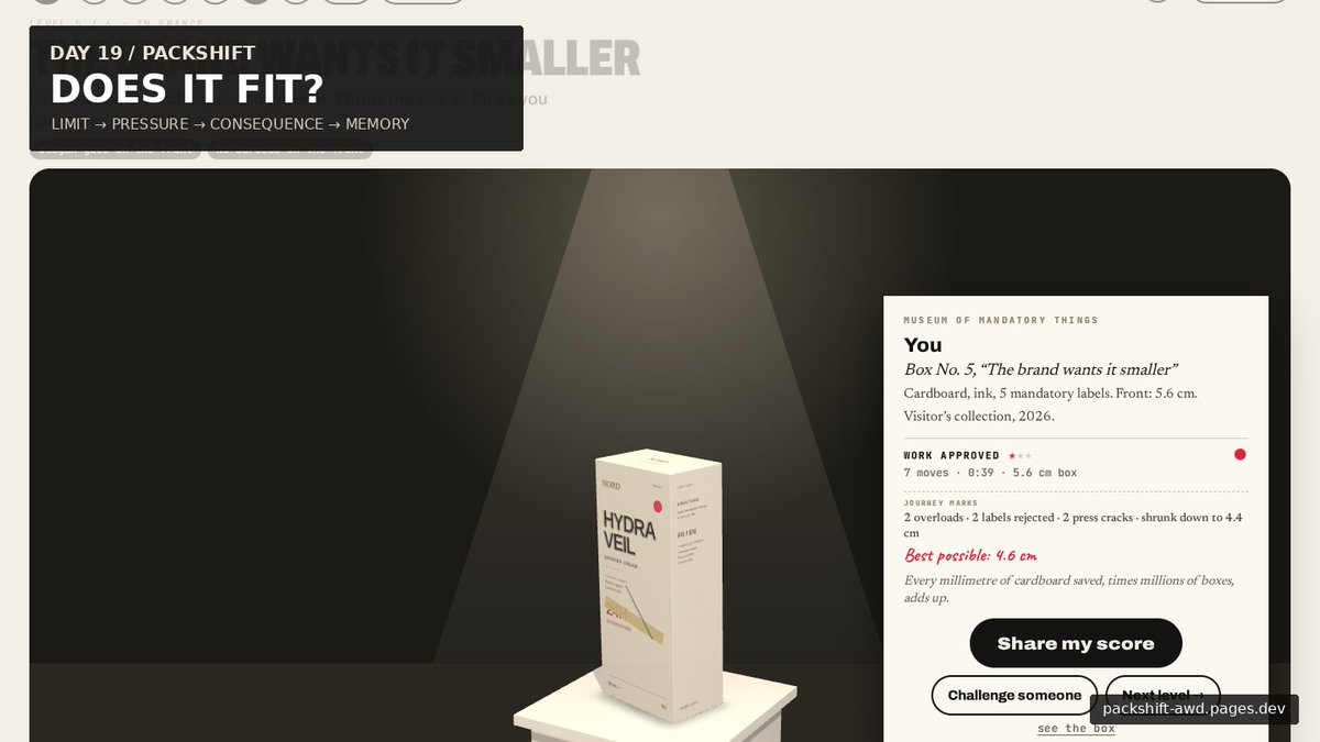 roy1919875's tweet photo. Day 19: PACKSHIFT
Packaging looks like graphic design.
But every word takes physical space.
I built PACKSHIFT to make that invisible negotiation tangible:
56 mm → pressure → CRACK → recovery → museum
Start with the real size of the carton.
Add claims, languages, warnings and data.
Make the box smaller.
Watch the surface fight back.
Underneath the public game is a spatial compiler built with Blender + Three.js / React Three Fiber that opens the same package, exposes its surfaces, redistributes information and refolds it.
The final box even keeps the history of what happened to it.
Packaging is not a file. It is a compiled surface.
Live → https://t.co/HliD2Nnqun
GitHub → https://t.co/Nocy2OwAw8
#CreativeCoding #ThreeJS #Blender #InteractionDesign #ProductDesign