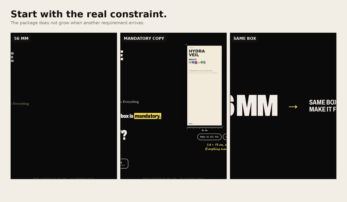 roy1919875's tweet photo. Day 19: PACKSHIFT
Packaging looks like graphic design.
But every word takes physical space.
I built PACKSHIFT to make that invisible negotiation tangible:
56 mm → pressure → CRACK → recovery → museum
Start with the real size of the carton.
Add claims, languages, warnings and data.
Make the box smaller.
Watch the surface fight back.
Underneath the public game is a spatial compiler built with Blender + Three.js / React Three Fiber that opens the same package, exposes its surfaces, redistributes information and refolds it.
The final box even keeps the history of what happened to it.
Packaging is not a file. It is a compiled surface.
Live → https://t.co/HliD2Nnqun
GitHub → https://t.co/Nocy2OwAw8
#CreativeCoding #ThreeJS #Blender #InteractionDesign #ProductDesign