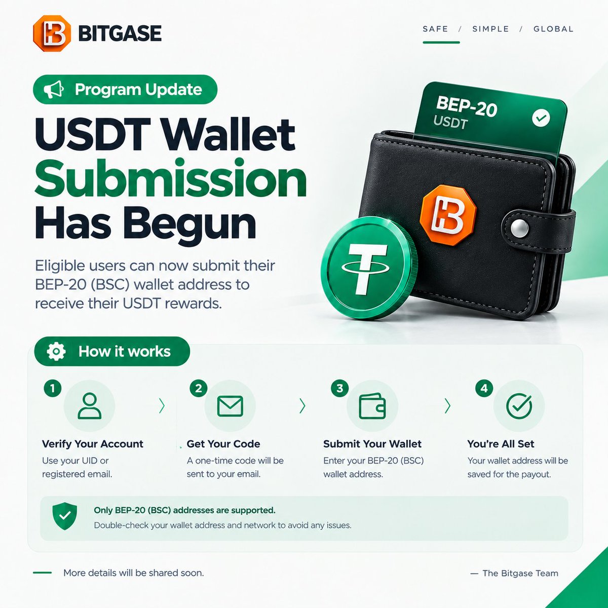 bitgase's tweet photo. 🎉 Happy New Month, Bitgase!

USDT Wallet Submission is now OPEN for eligible users.

Submit your BEP-20 (BSC) wallet:
https://t.co/fXvFSORB8u
🎁More USDT Gift opportunities are also coming back soon!

More updates here. 
https://t.co/He0FsaGjIr https://t.co/sjbBsSKlNl