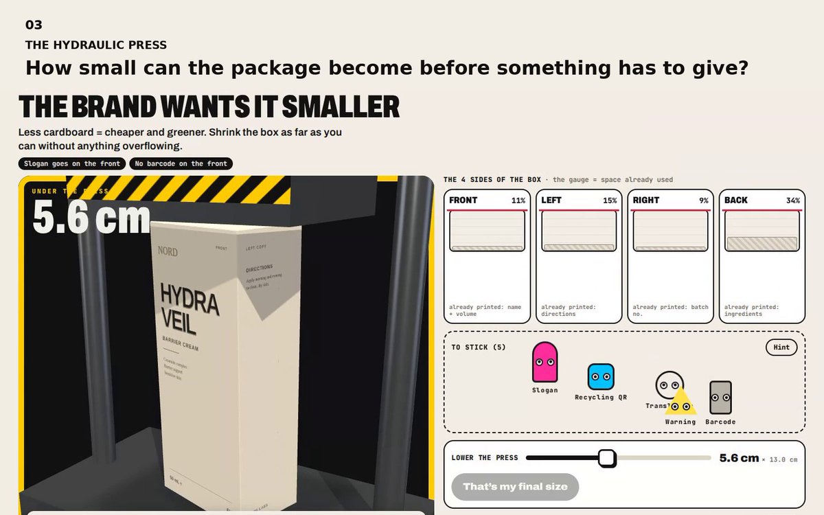 roy1919875's tweet photo. Day 19: PACKSHIFT
Packaging looks like graphic design.
But every word takes physical space.
I built PACKSHIFT to make that invisible negotiation tangible:
56 mm → pressure → CRACK → recovery → museum
Start with the real size of the carton.
Add claims, languages, warnings and data.
Make the box smaller.
Watch the surface fight back.
Underneath the public game is a spatial compiler built with Blender + Three.js / React Three Fiber that opens the same package, exposes its surfaces, redistributes information and refolds it.
The final box even keeps the history of what happened to it.
Packaging is not a file. It is a compiled surface.
Live → https://t.co/HliD2Nnqun
GitHub → https://t.co/Nocy2OwAw8
#CreativeCoding #ThreeJS #Blender #InteractionDesign #ProductDesign